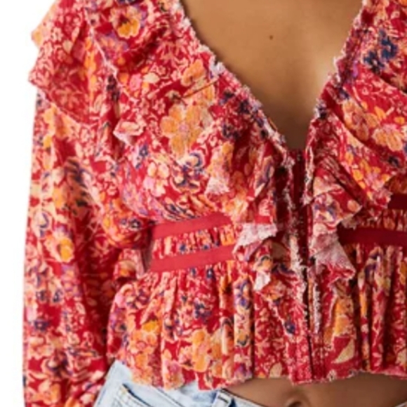 NWT Free People Rudi printed ruffle crop blouse top voluminous bishop sleeves - Picture 5 of 16